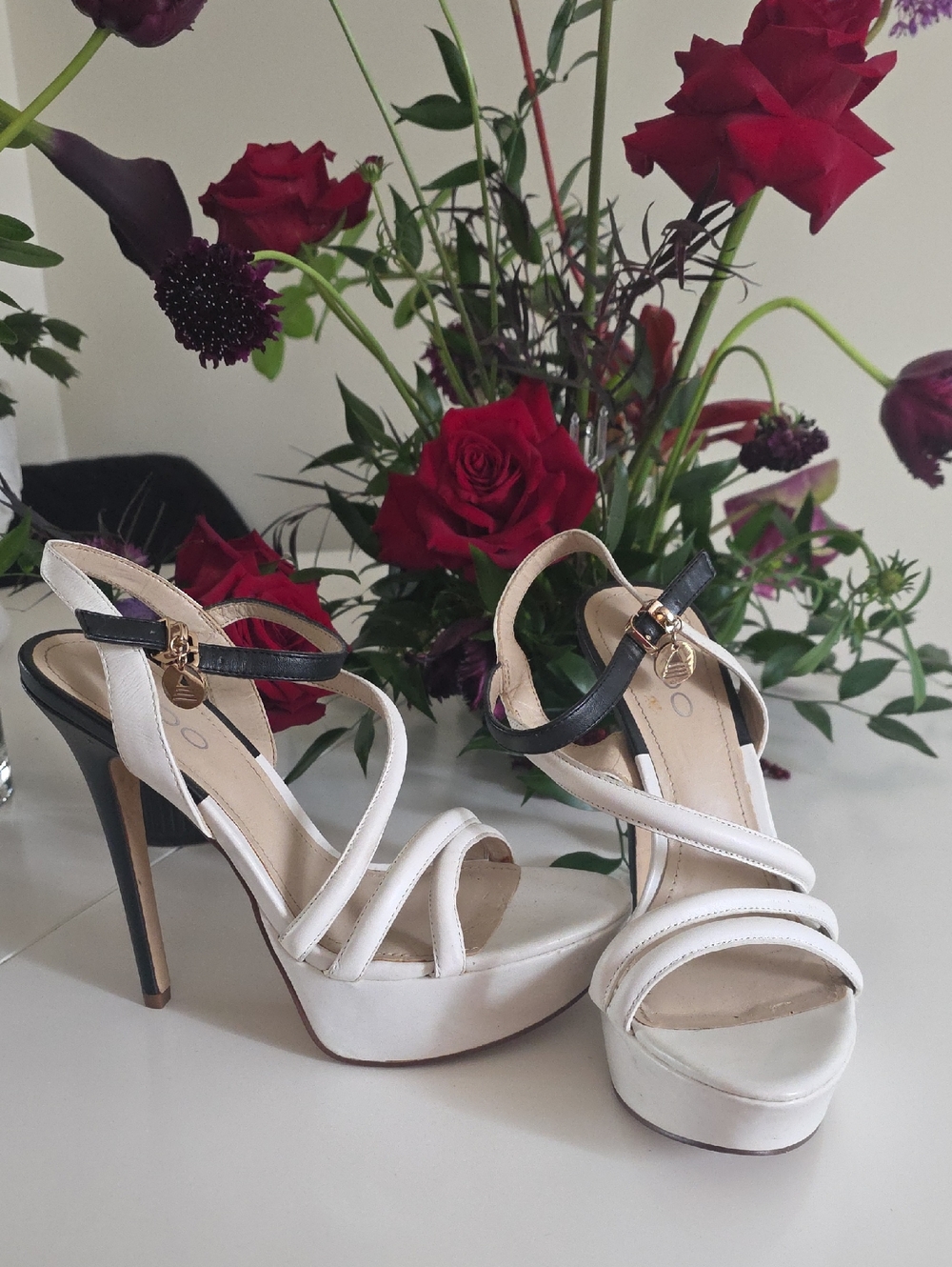 5/25$ Aldo White Platform Strappy Heels with Black Ankle Strap and Gold Charm